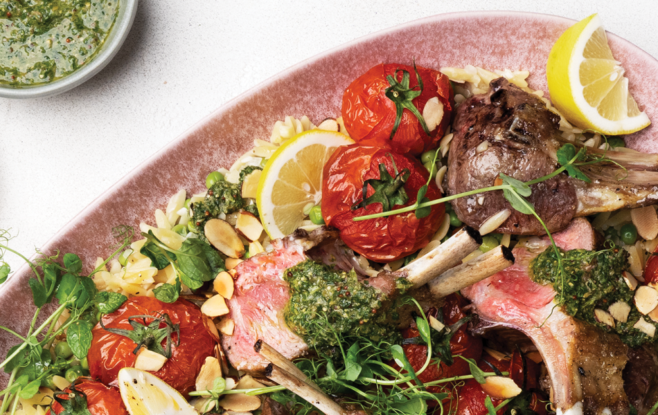 Lamb Rack with Orzo Salad and Salsa Verde Maimoa Lamb